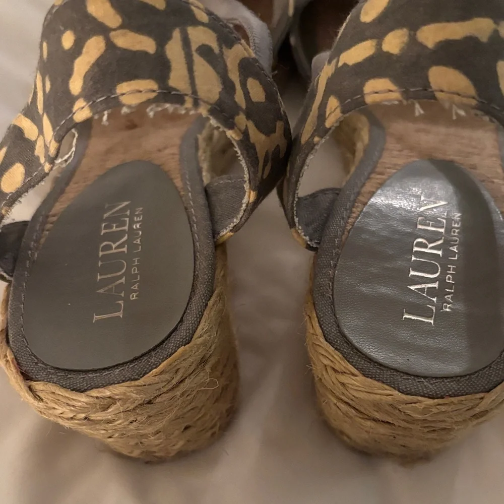 Ralph Lauren Gray and Tan Espadrille Wedge Cala Sandals
